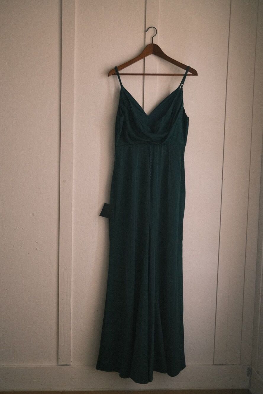 Lulus Dark Green Satin Cowl Button Back Dress Emerald Formal Gown NWT L